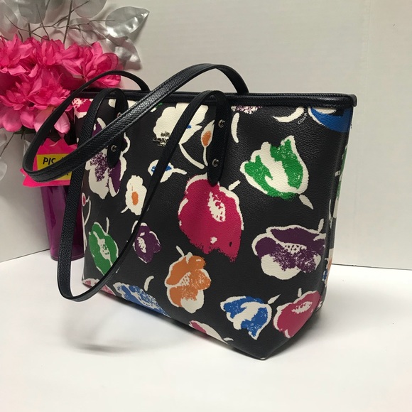 COACH Black Rainbow Floral City Zip Tote Purse Shoulder Hand Bag, Creed  # 37266 - Picture 8 of 14